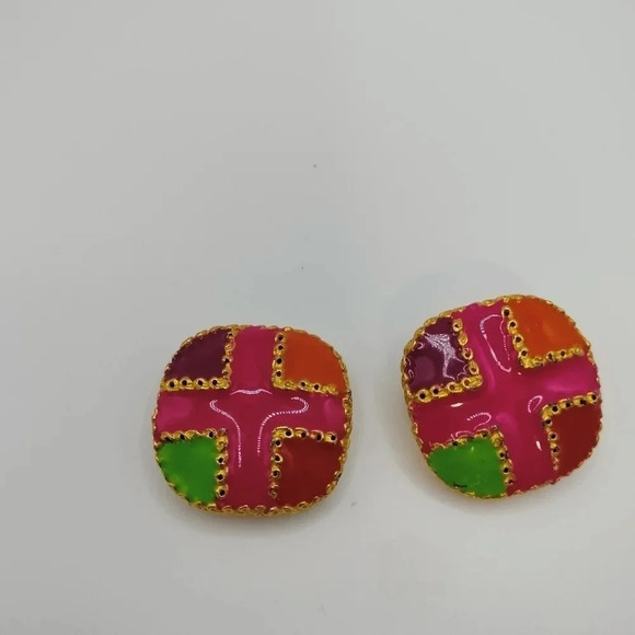 Gold Tone Fashion Multicolored Enamel Patchwork Abstract Art Pattern Earrings 1" - Picture 2 of 7